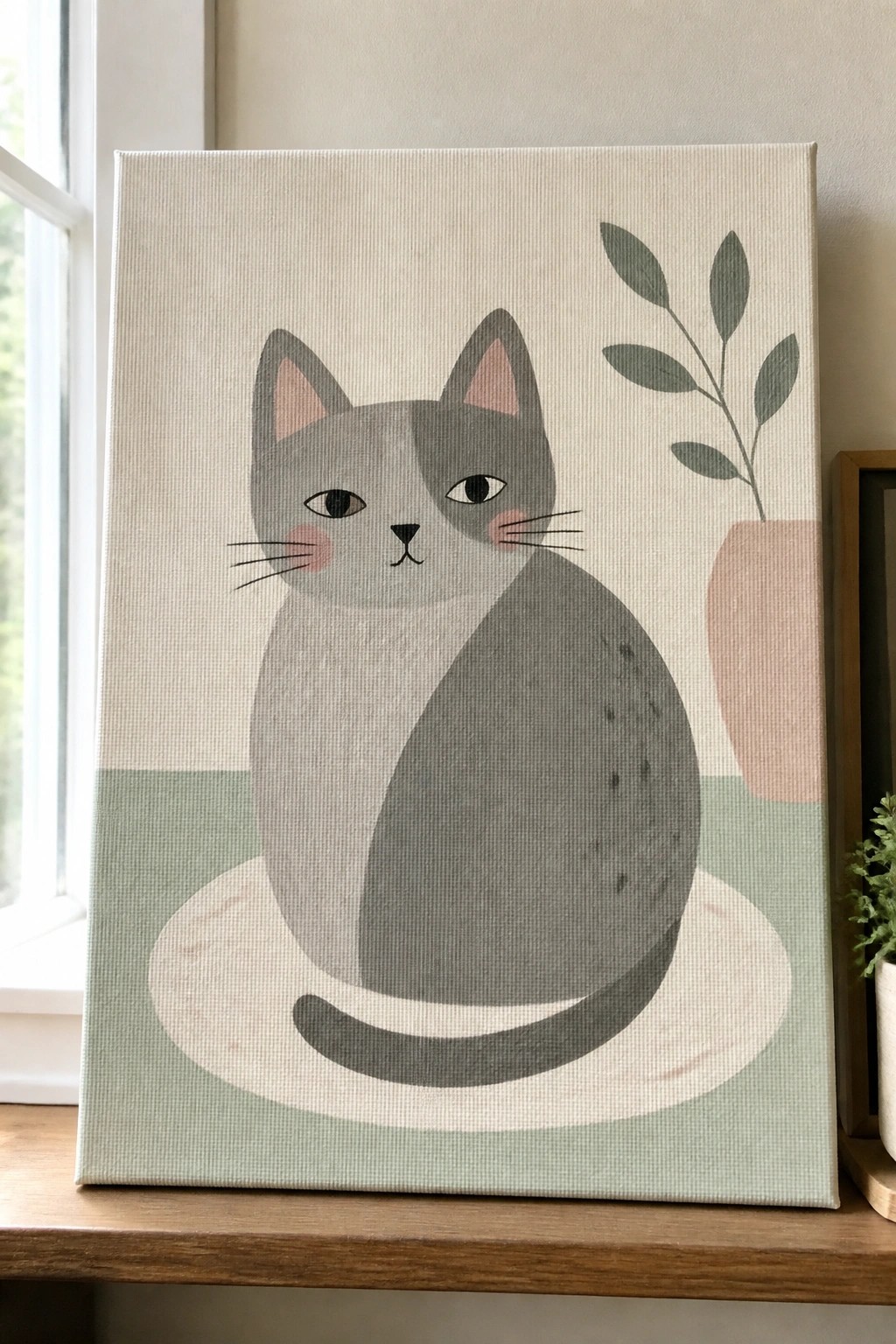 Minimalist painting of a gray cat beside a pink vase with green leaves
