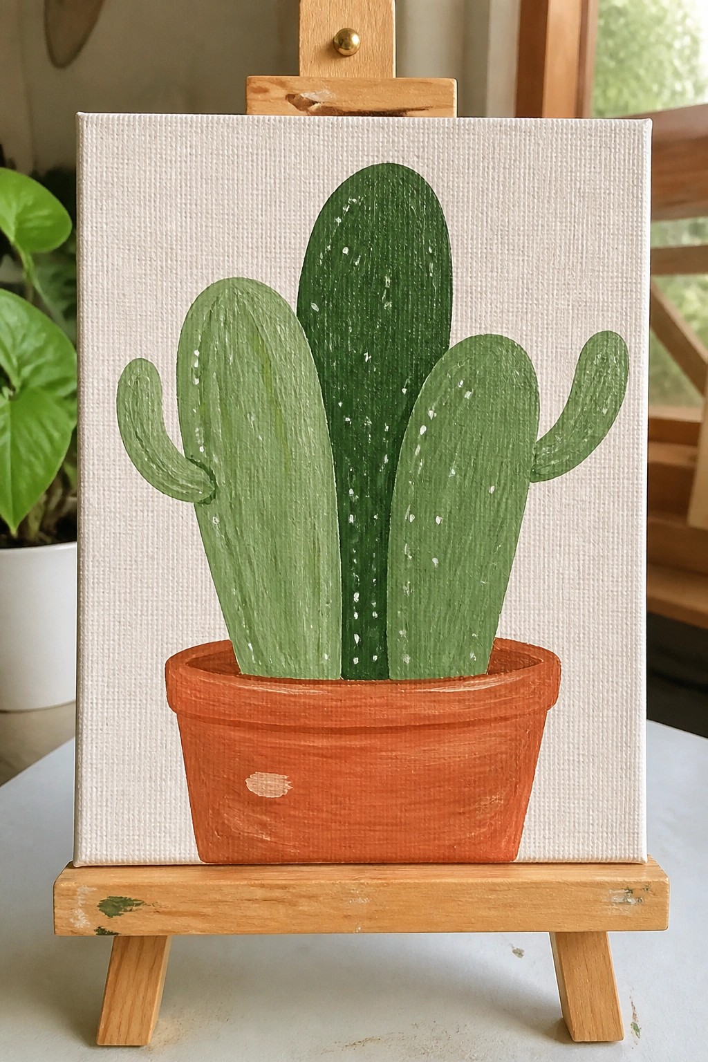 Stylized green cactus with white dots in orange pot on wooden easel.