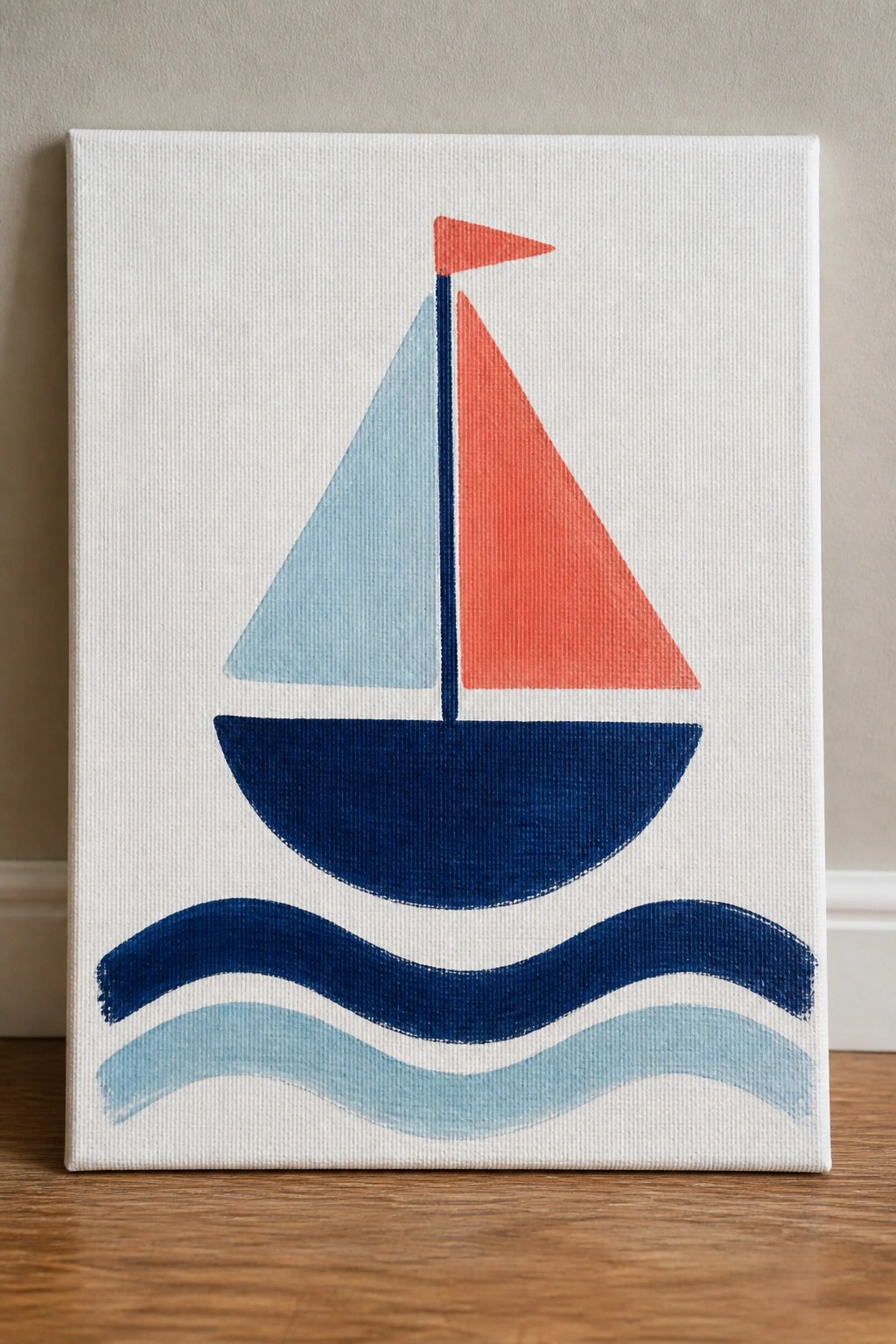 A canvas painting shows a sailboat with a dark blue hull, one light blue sail and one orange sail, plus an orange flag, above two wavy blue lines on a white background.
