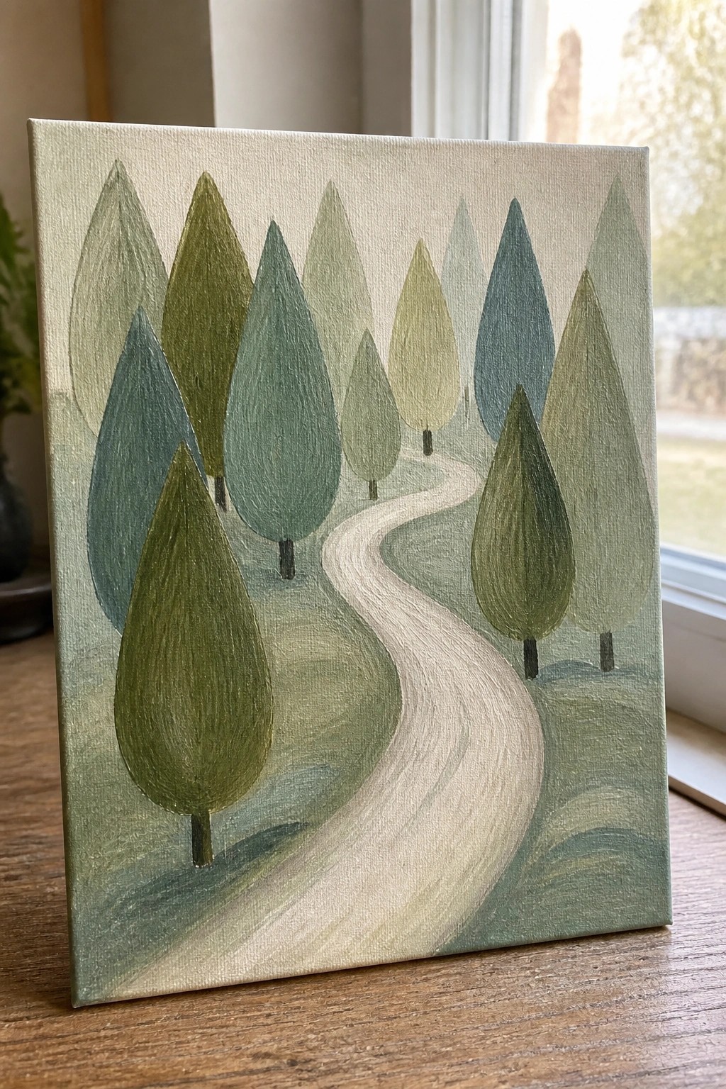 Stylized green trees flank a curving white path in a landscape painting