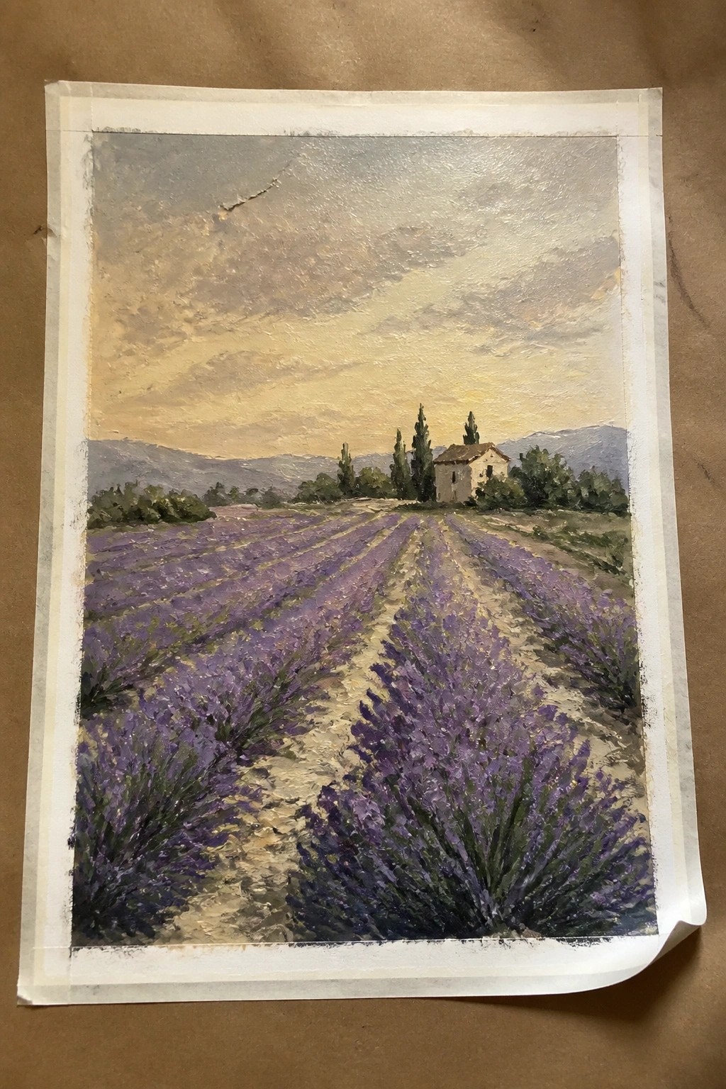 Impressionistic painting of purple lavender rows leading to house with mountains at dusk