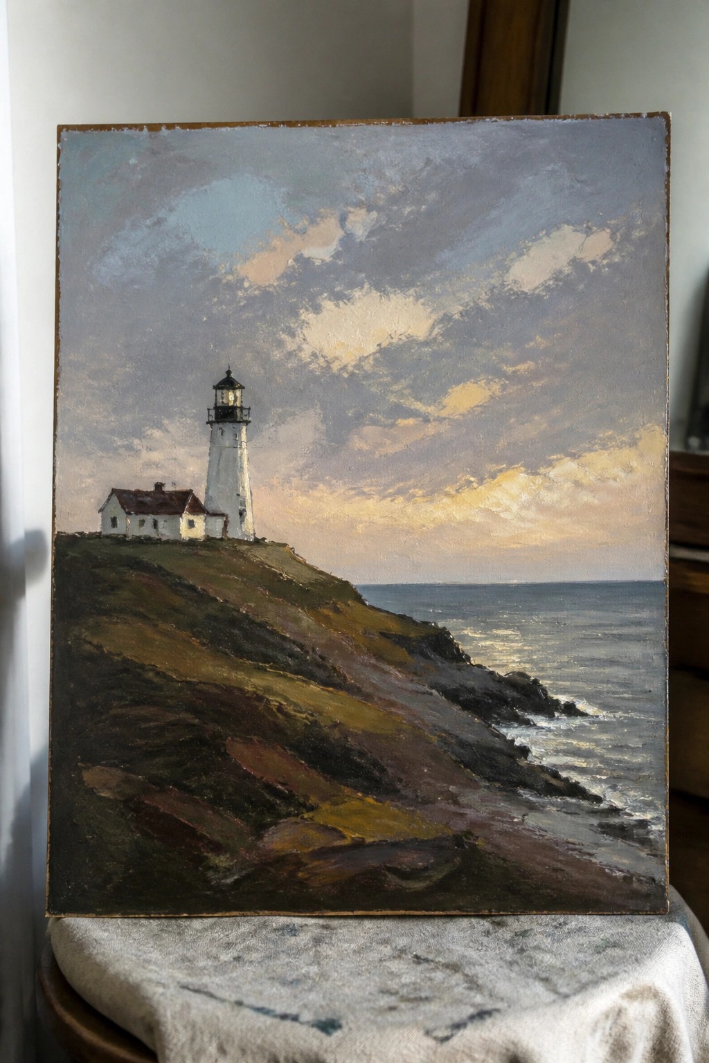 Oil painting of white lighthouse and house on grassy cliff by ocean under cloudy sky