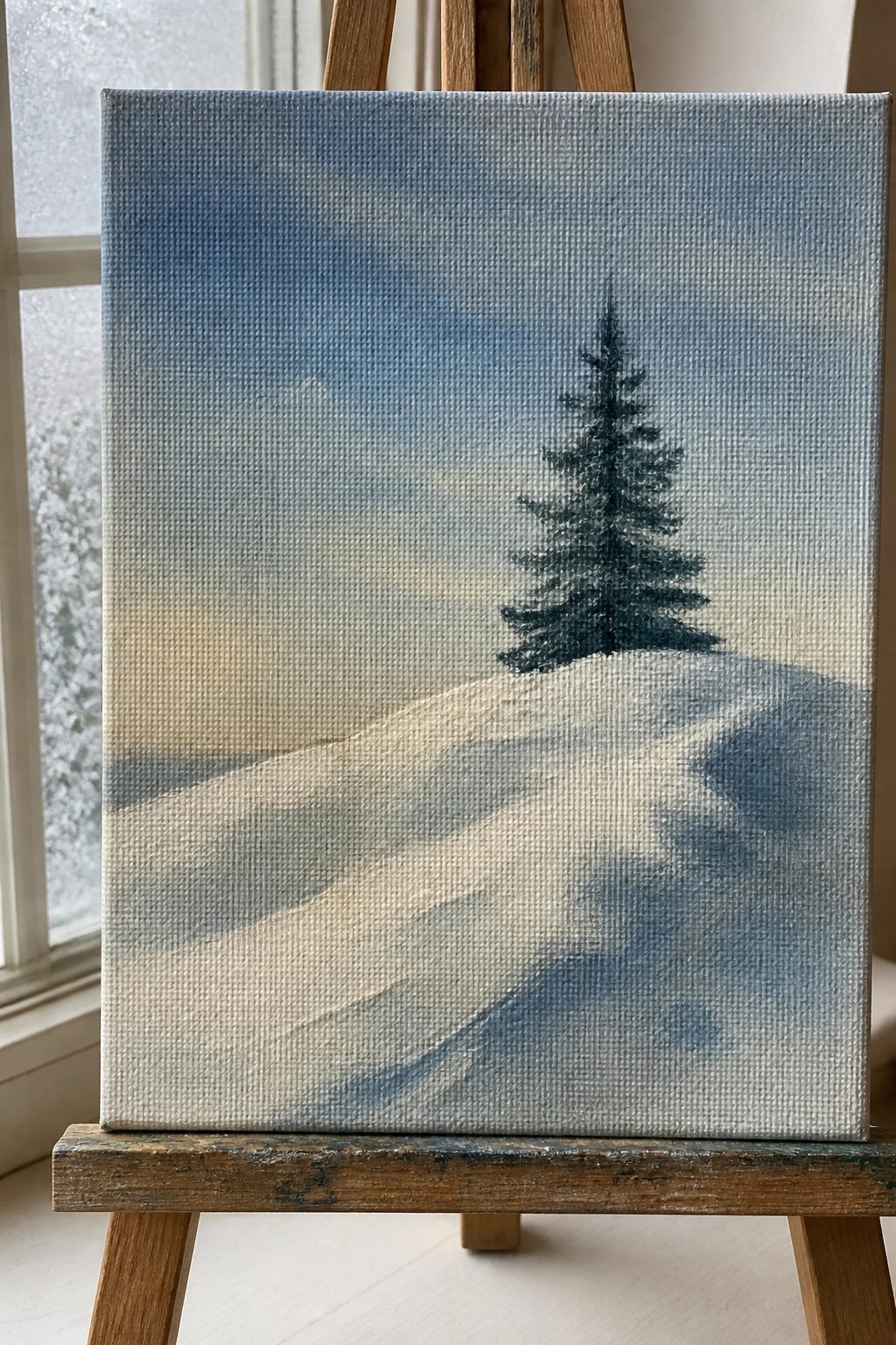 Painting on easel of snowy hill with lone pine tree under blue sky.