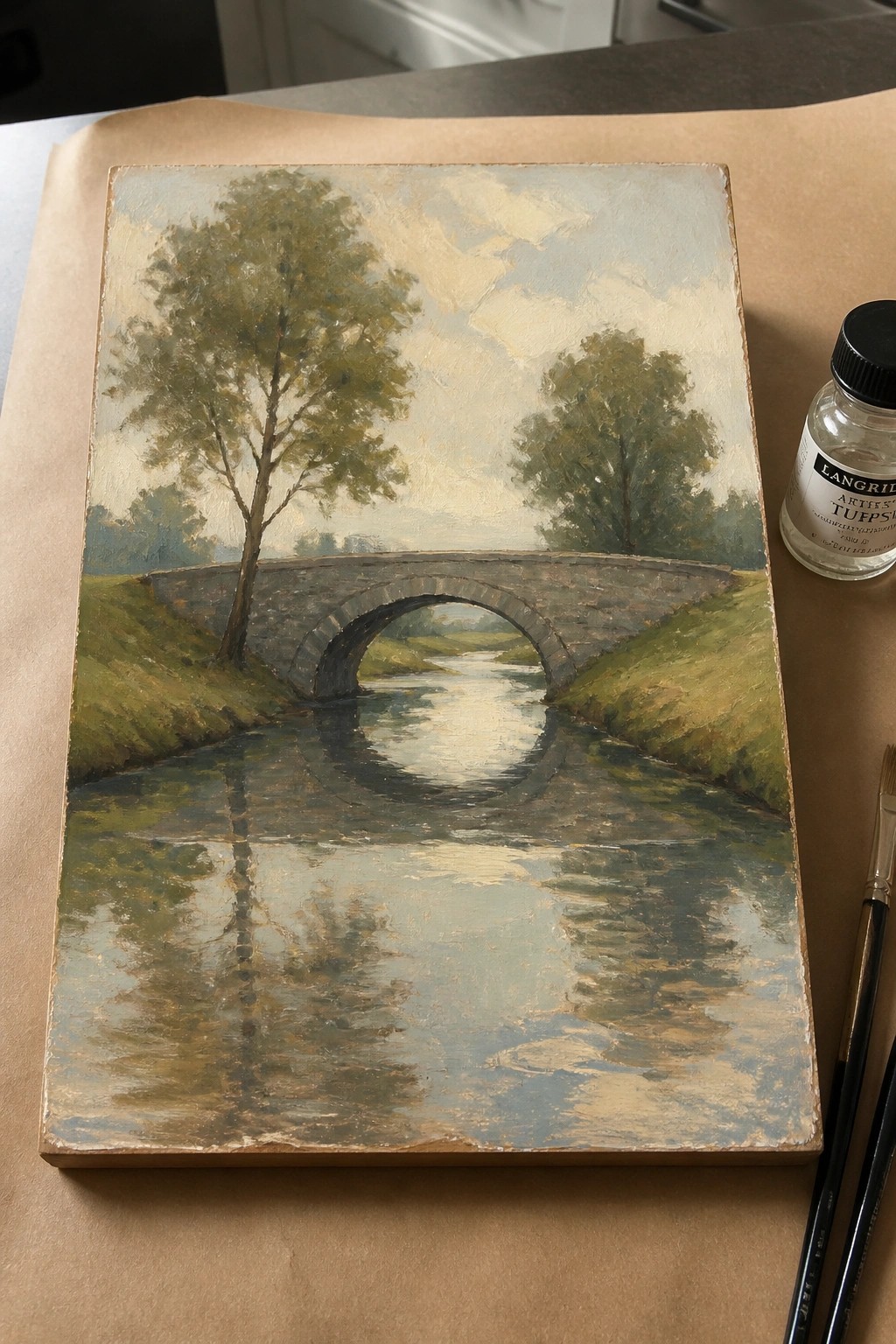 Oil painting of stone bridge over river with trees and reflections beside turpentine and brushes.