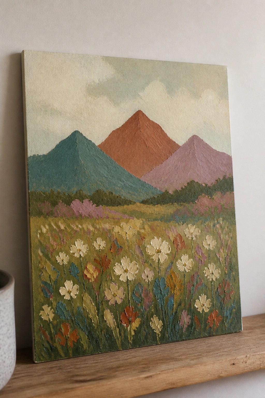 Impressionistic painting of wildflowers in a meadow with blue, brown, and purple mountains.