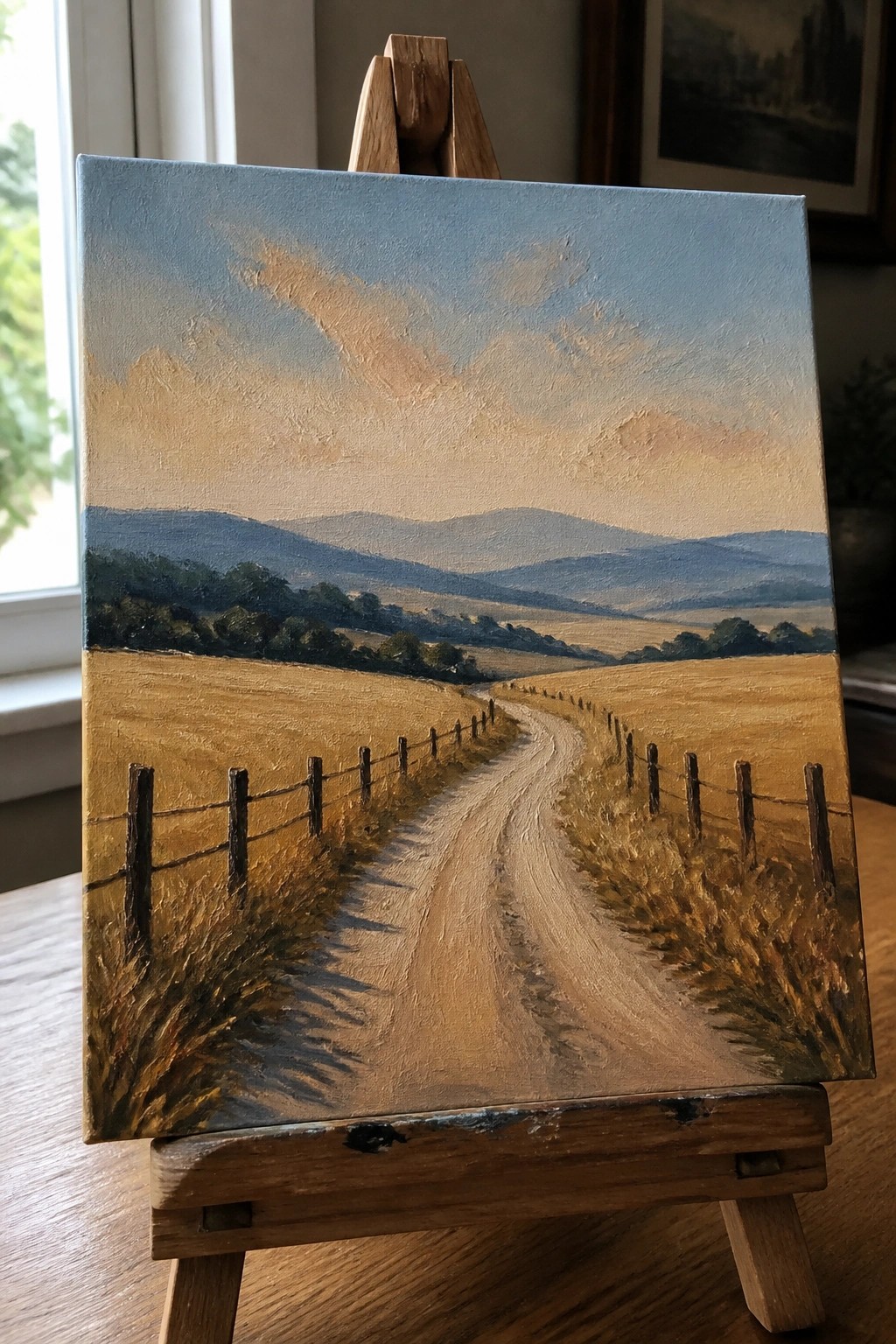 Oil painting on wooden easel of winding dirt road through golden fields and hills.