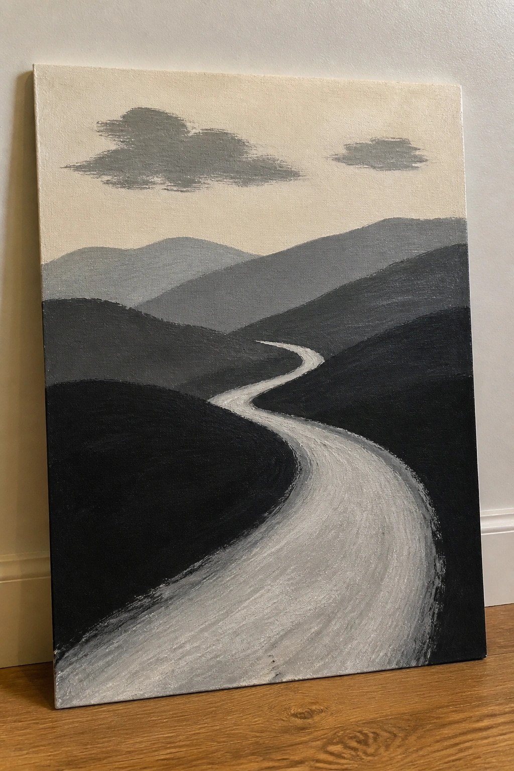 Minimalist painting of a winding gray road curving through dark layered mountains under clouds
