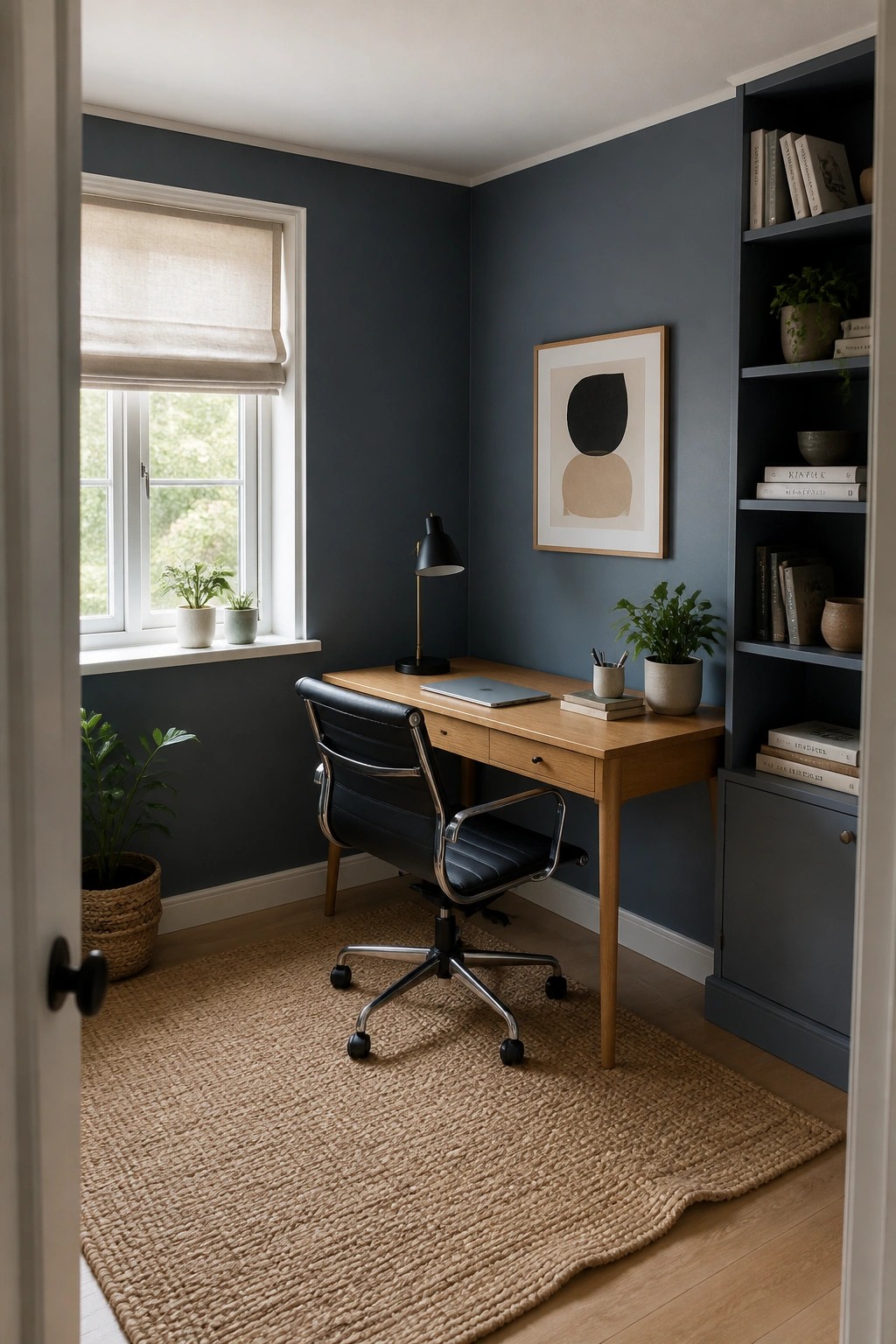 A compact home office with deep blue-gray walls and a light wood desk.