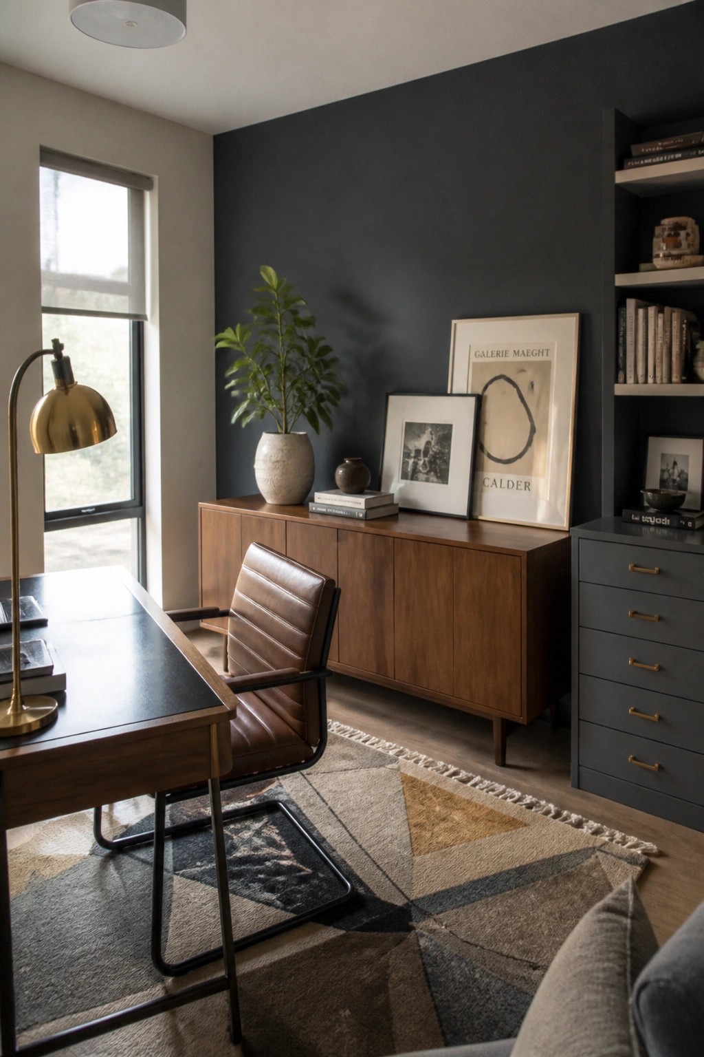A dark charcoal accent wall in a small home office with wood furniture and a leather chair.