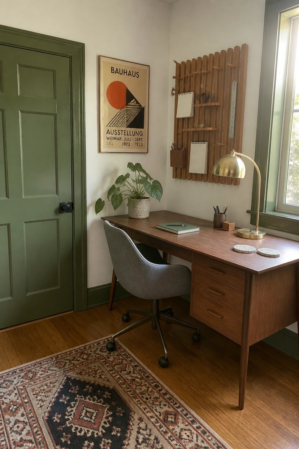 Wooden desk with gray chair, brass lamp, Bauhaus poster, and potted plant in office
