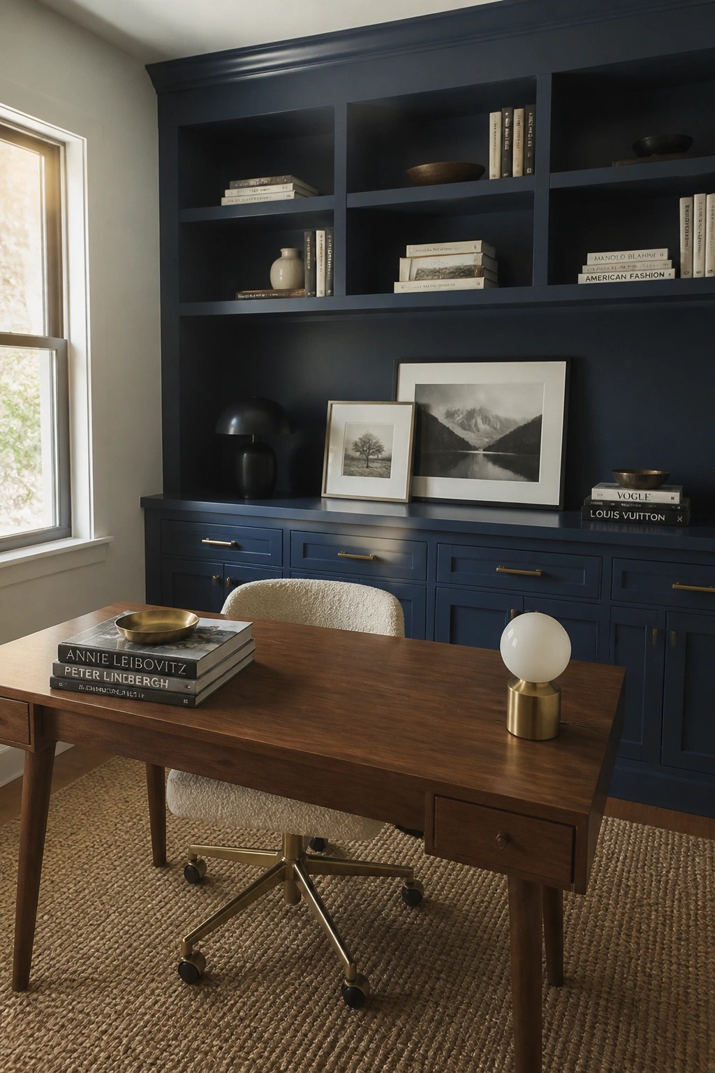 Navy blue built-in shelves and cabinets behind wooden desk with white chair