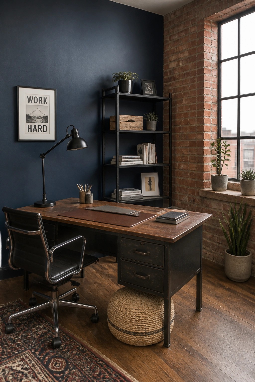 Deep navy blue walls in a small home office with wood desk and exposed brick.
