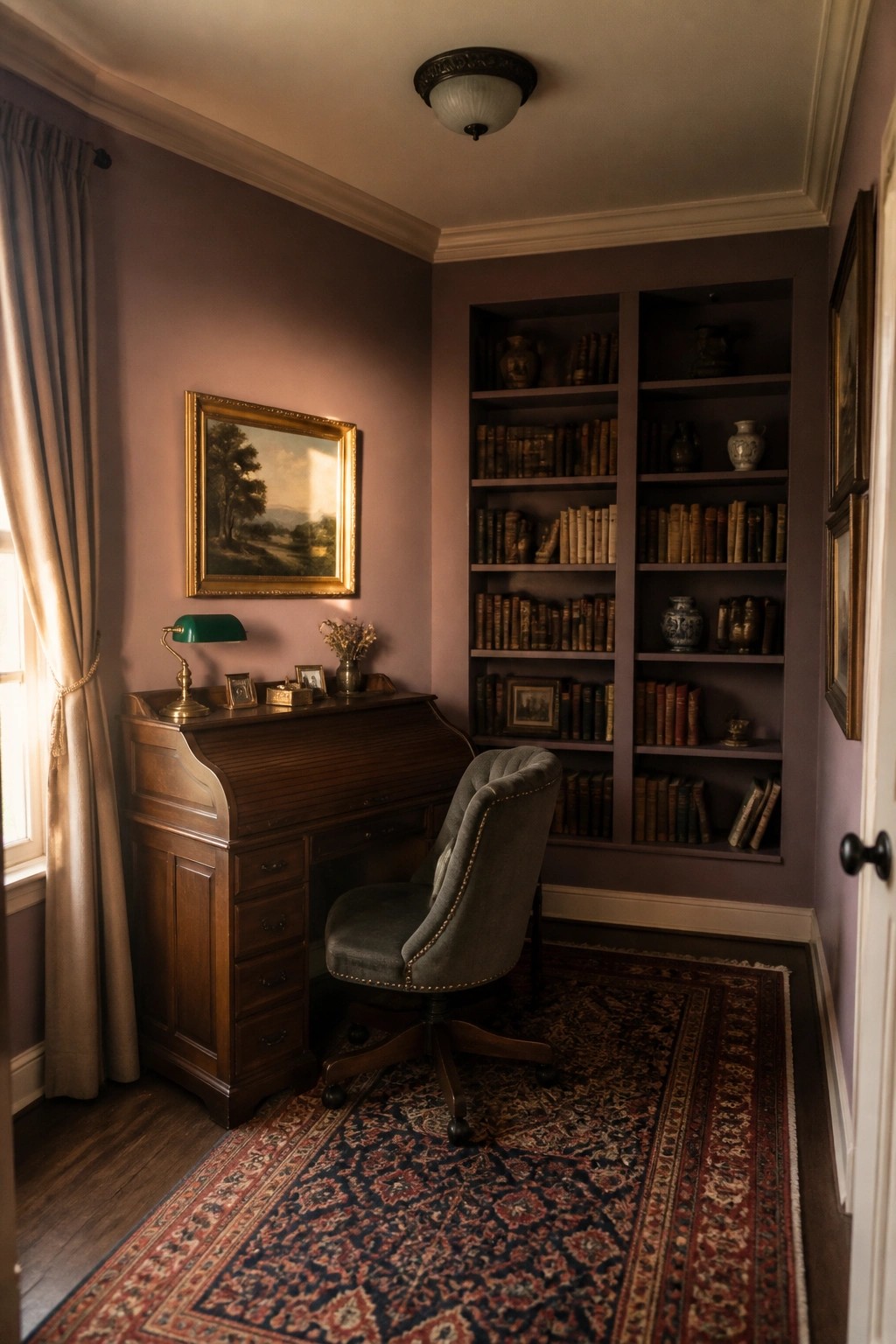 A small home office with muted mauve walls and dark wood built-in bookshelves.