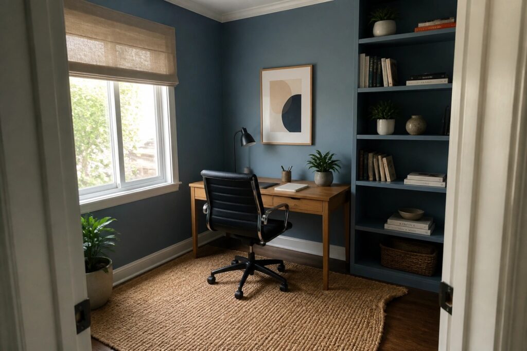 19 Clean Small Home Office Paint Colors for Better Visual Focus A compact home office with deep blue-gray walls and a light wood desk.