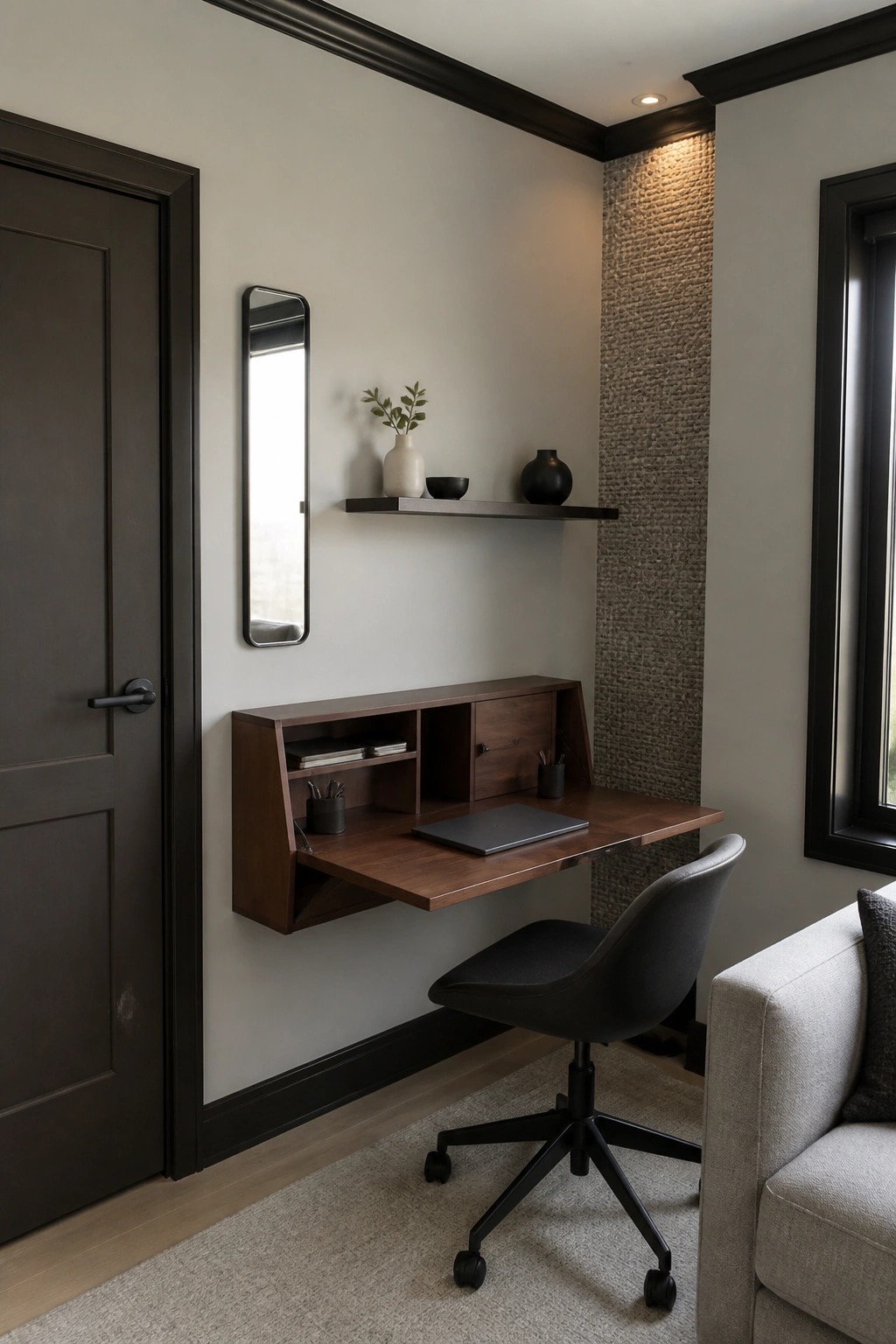 Modern floating walnut desk with black chair, laptop, mirror and decorative shelf in neutral room