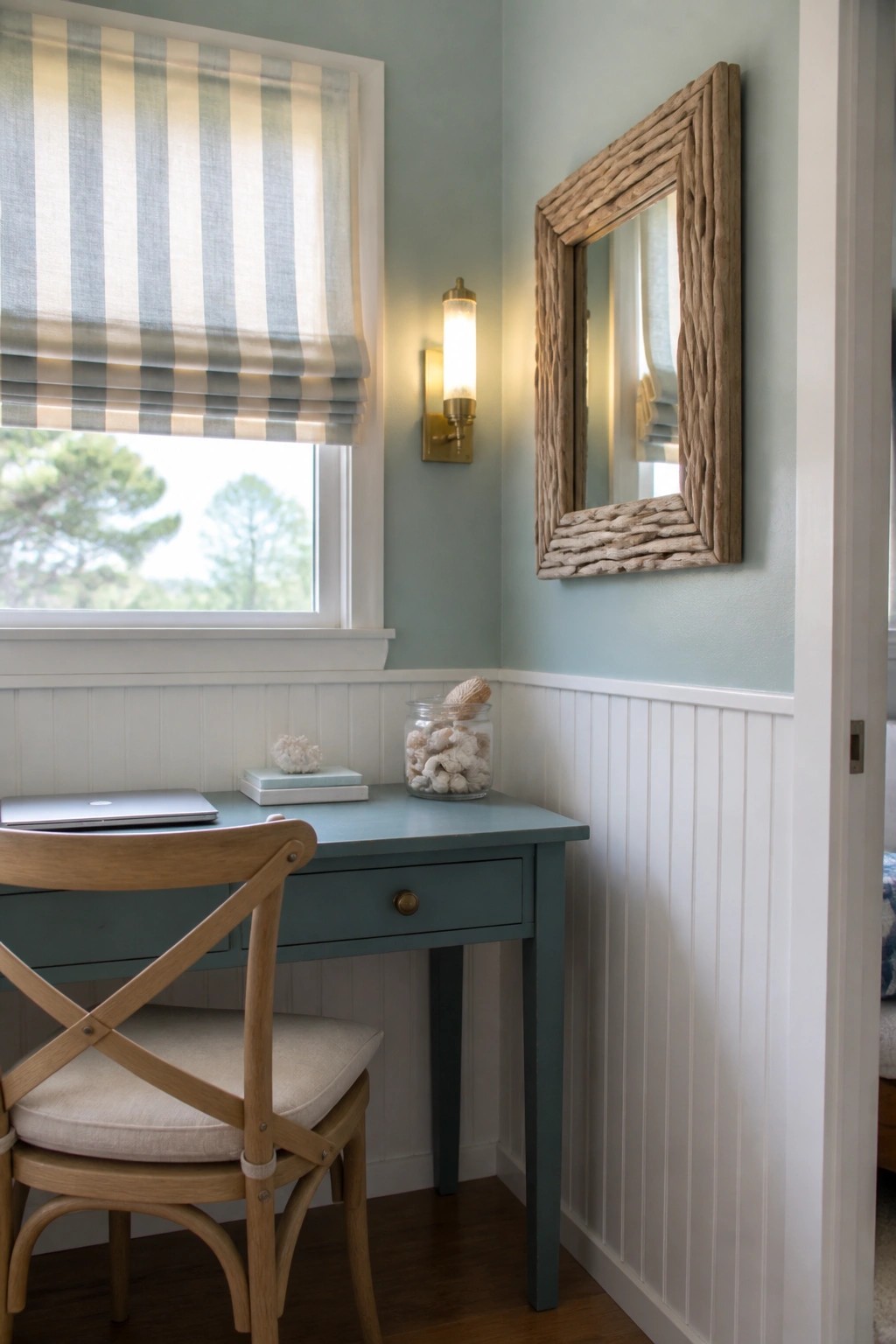 Wooden chair at teal desk under striped shade beside rustic mirror and sconce
