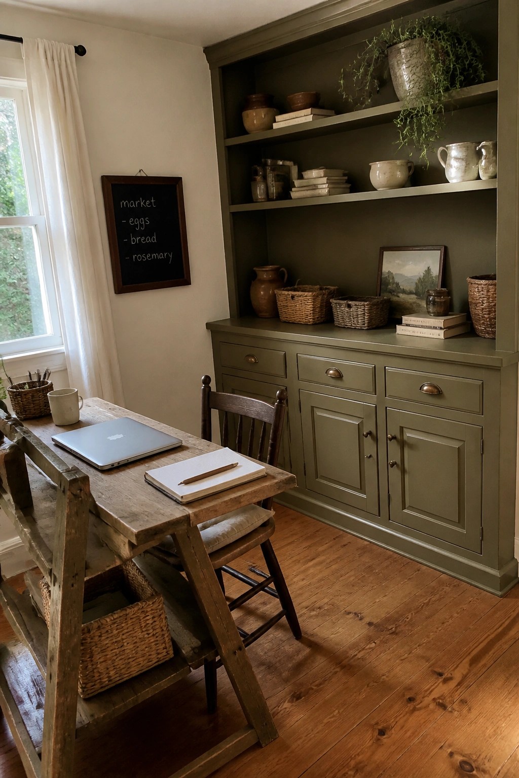 Built-in cabinetry painted in a muted sage green sits beside a rustic wood desk in a small home office.
