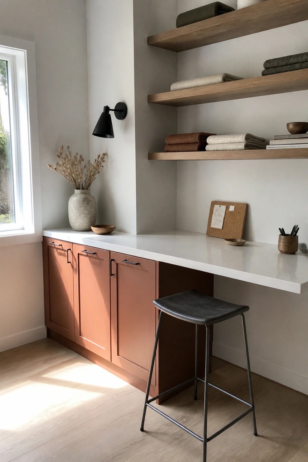 Terracotta cabinets under white counter with floating shelves of towels and black stool.