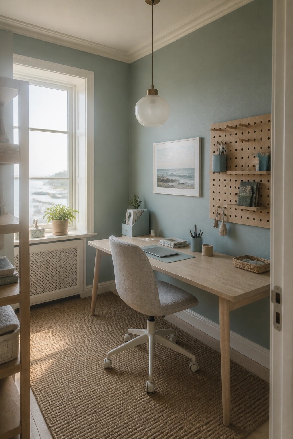 A small home office with soft blue-green walls and a light wood desk.
