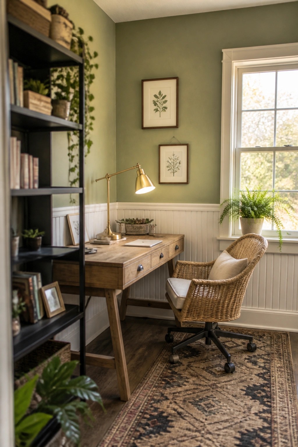 Cozy home office with wooden desk, wicker chair, green walls, and patterned rug.