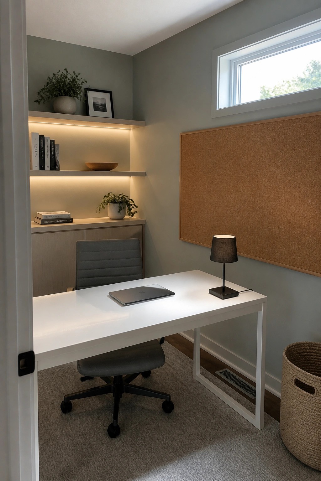 Small home office with soft sage green walls and light wood built-in shelves.