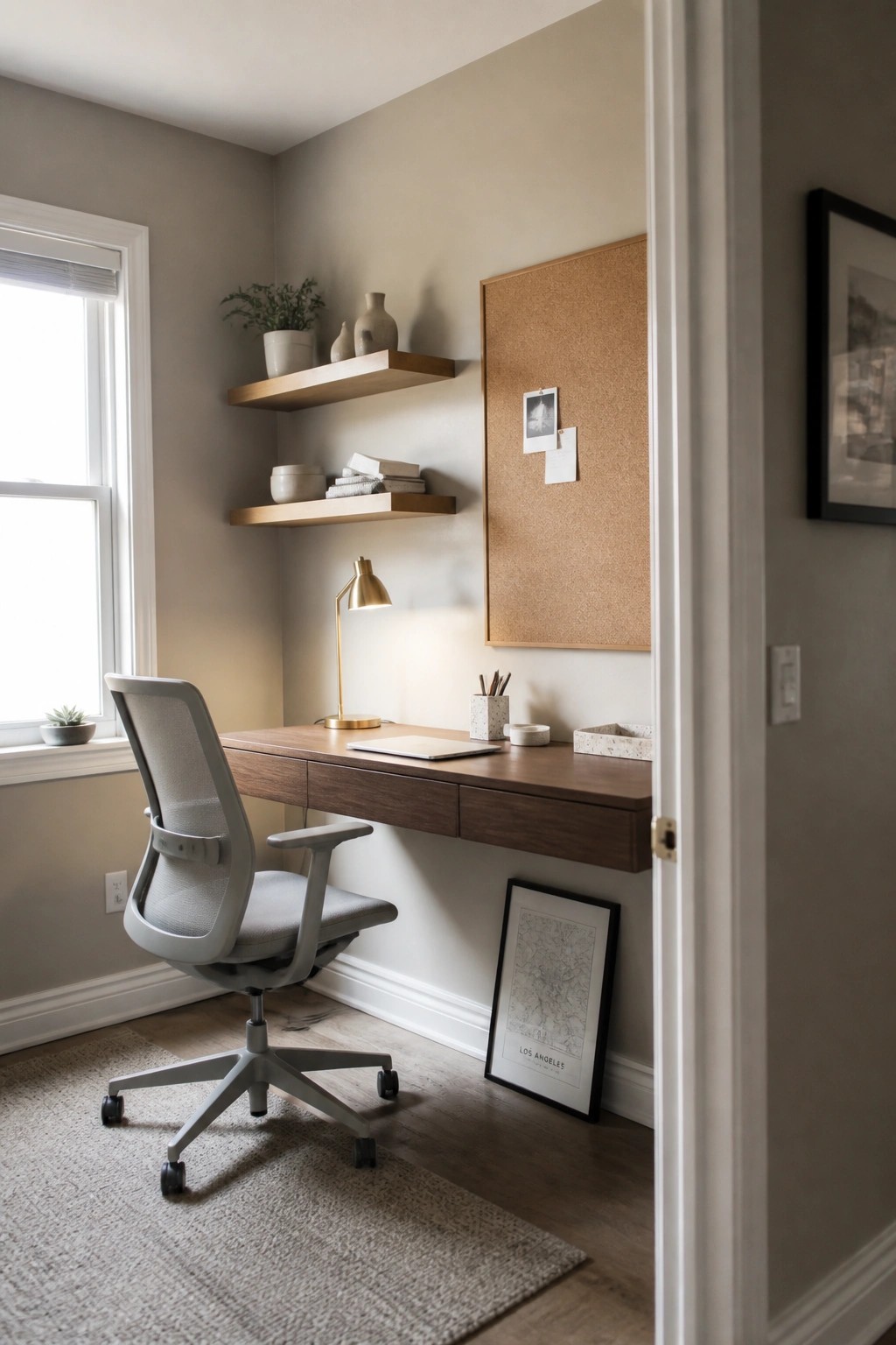 A small home office with soft beige walls, a floating wood desk, and a gray ergonomic chair.