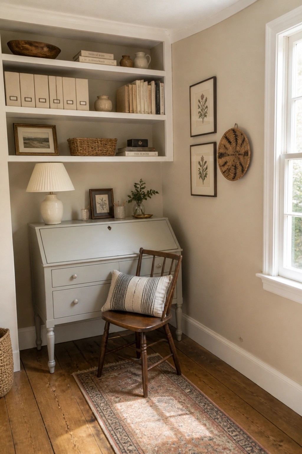 Small home office with warm beige walls and white built-in shelves.