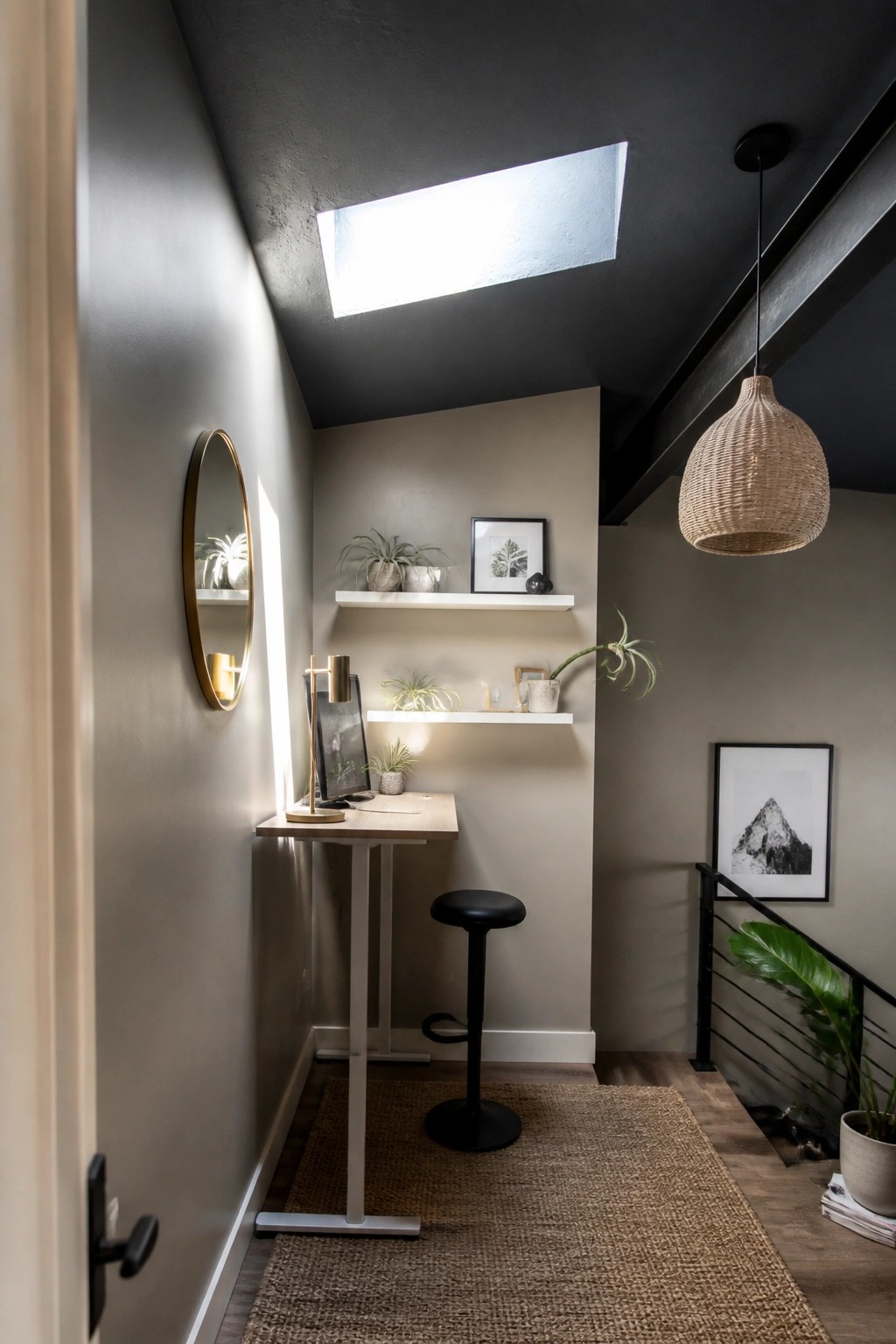 Warm greige walls in a narrow home office nook with a skylight overhead.
