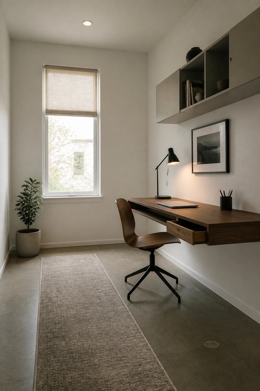 A small home office with warm off-white walls and a floating wood desk.