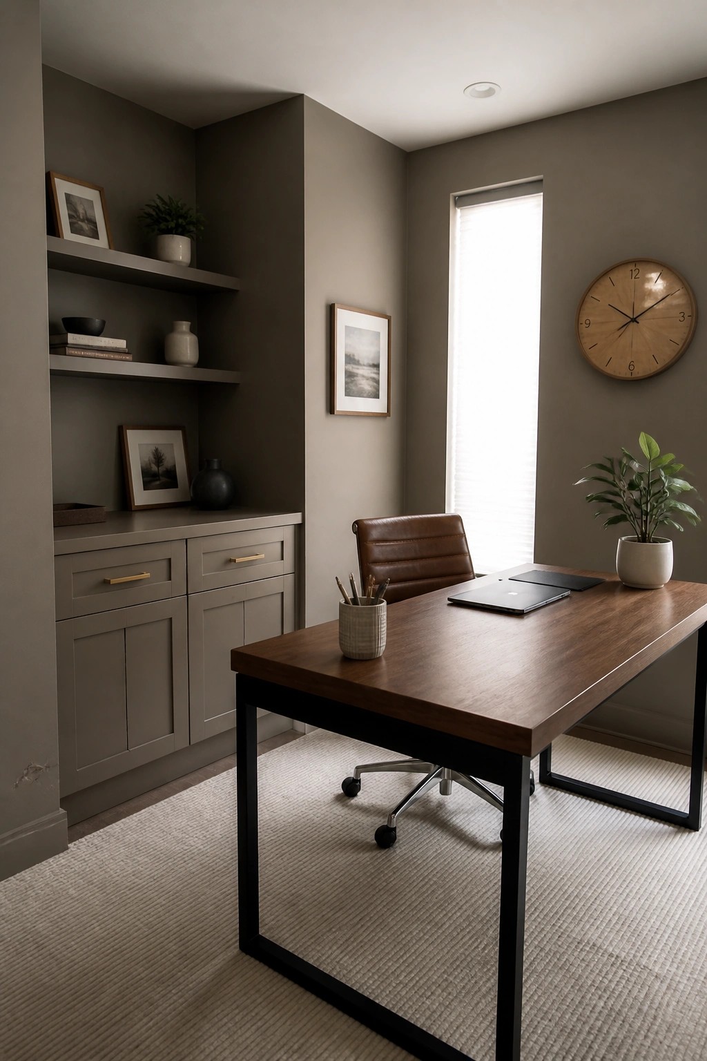 Warm taupe walls in a small home office with a dark wood desk.