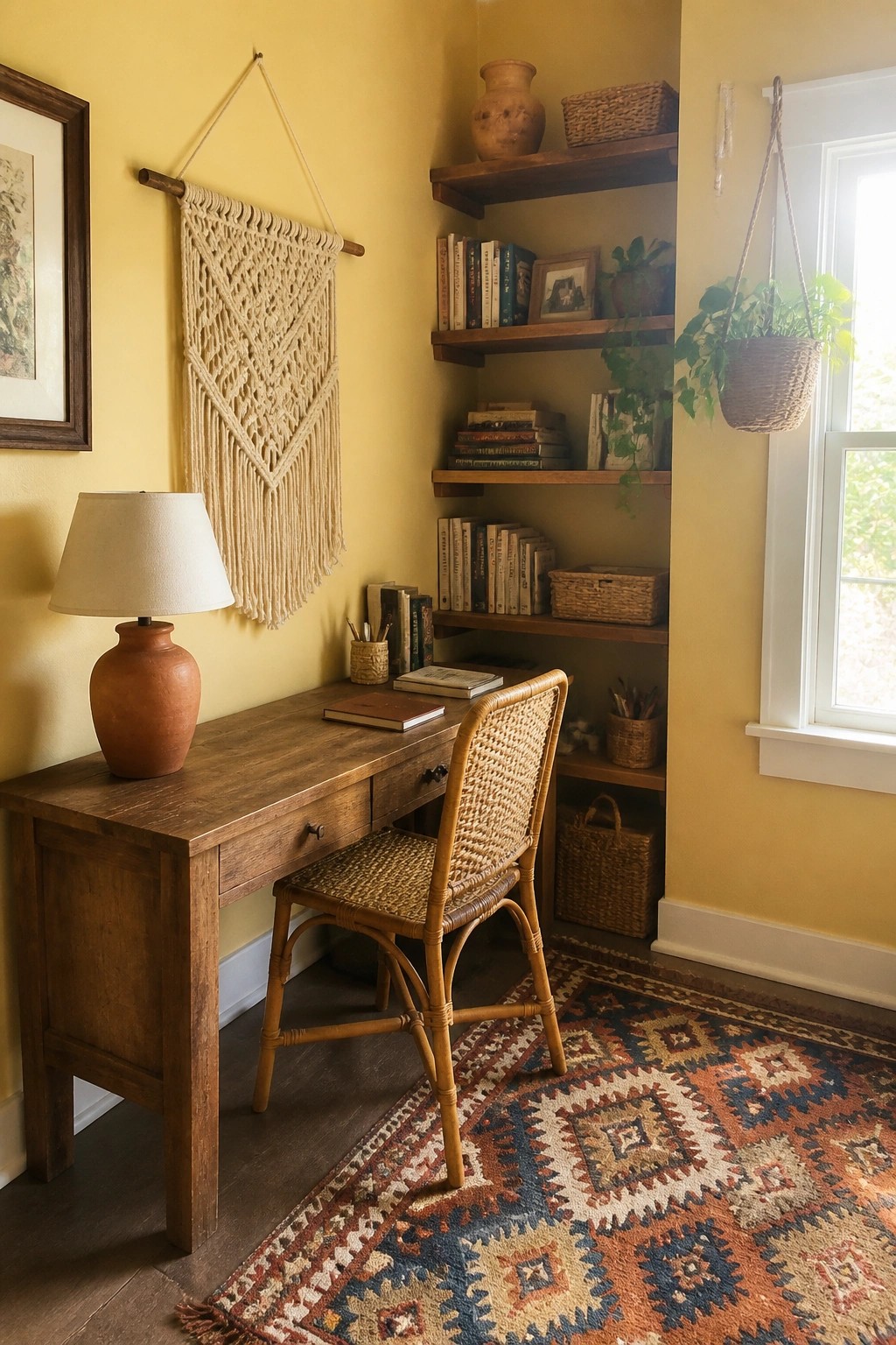 Cozy wooden desk with woven chair, colorful rug, bookshelves, and macrame on yellow wall