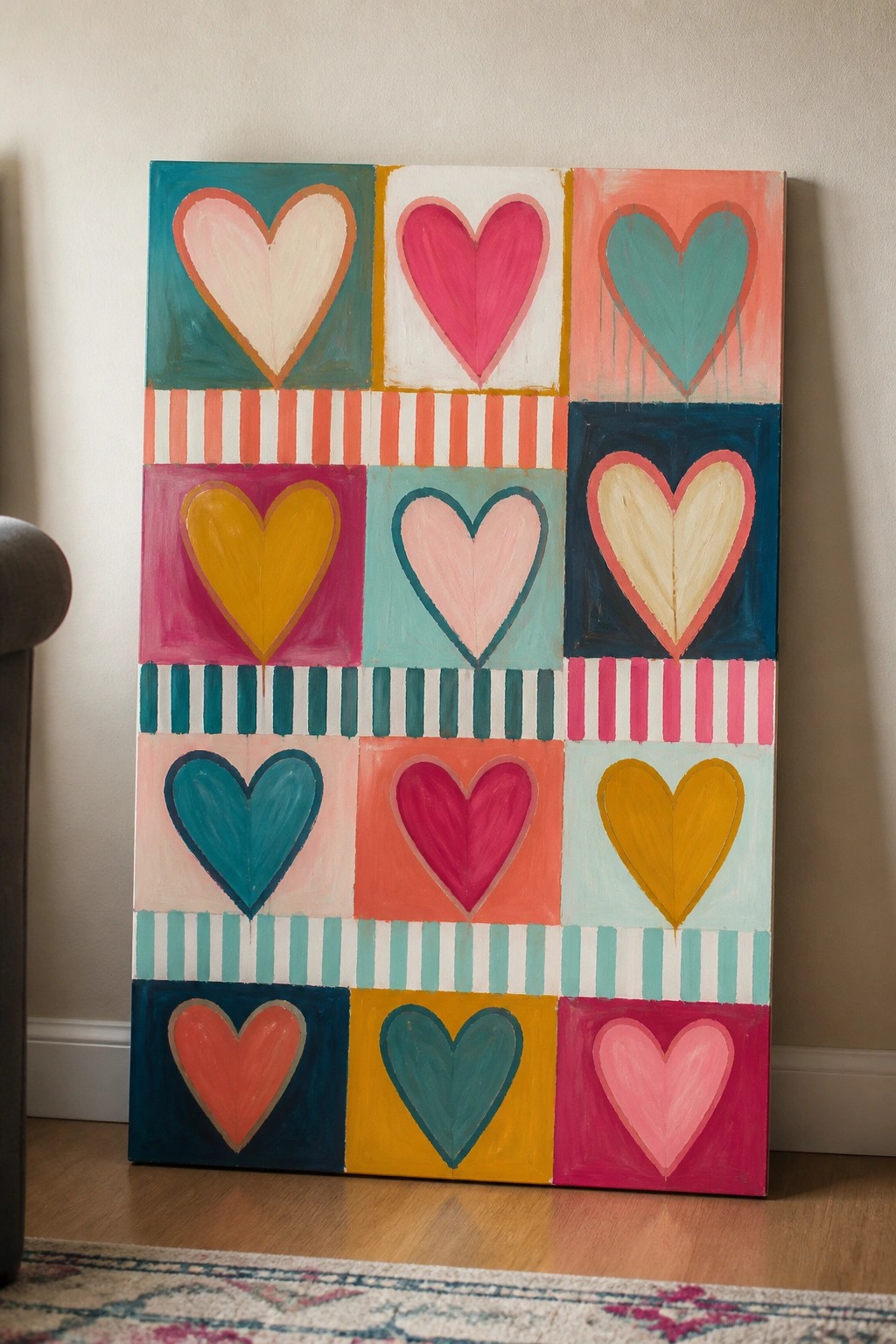Colorful grid of painted hearts on canvas leaning against wall.