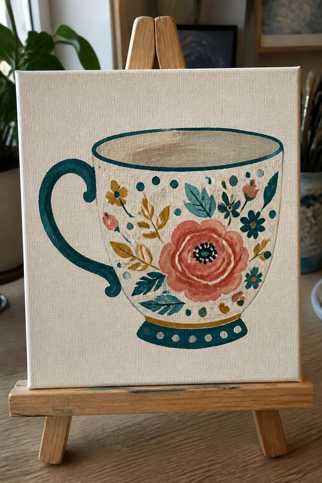 Floral teacup painting with pink rose on wooden easel stand