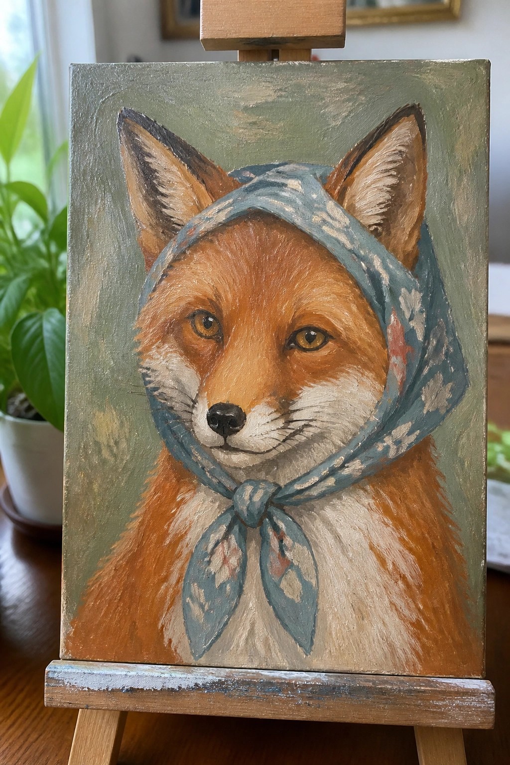 Painting of orange fox wearing blue floral bandana on wooden easel.