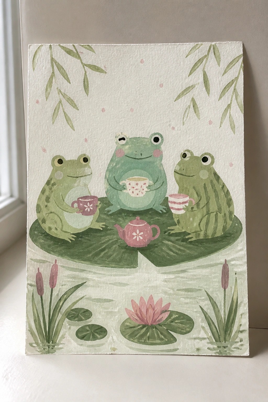 Three green frogs sipping tea on a lily pad in a watercolor pond scene