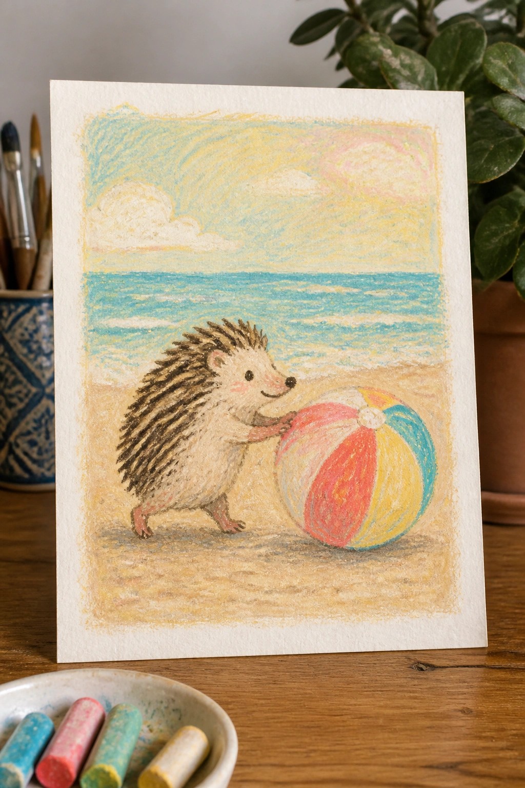 Pastel drawing of hedgehog pushing colorful beach ball on sandy shore by ocean
