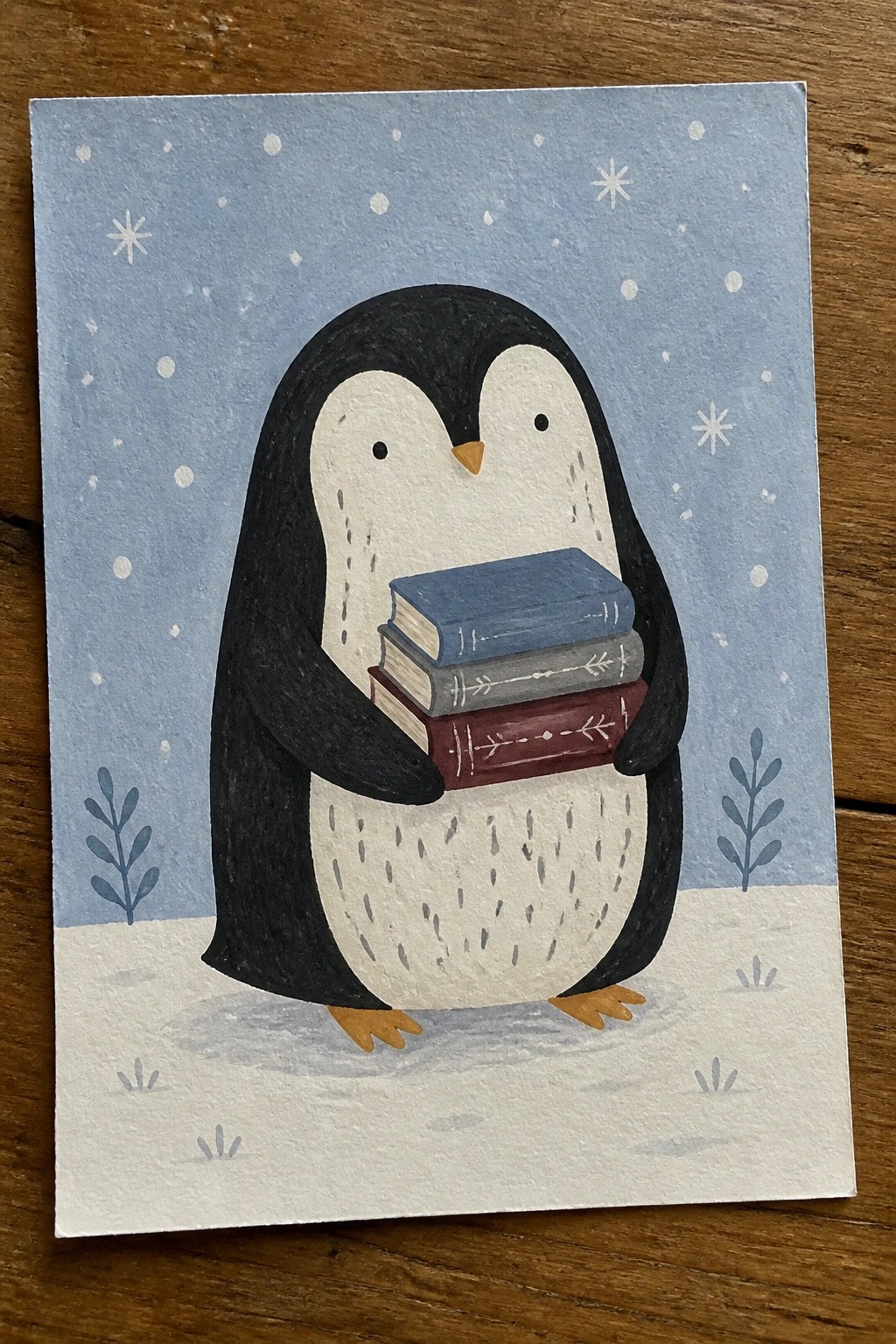 Watercolor penguin clutching three books on snowy ground under starry blue sky