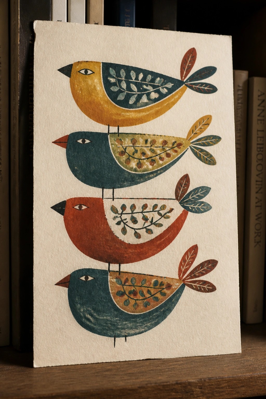 Four stacked stylized birds with leaf patterns in retro folk-art style