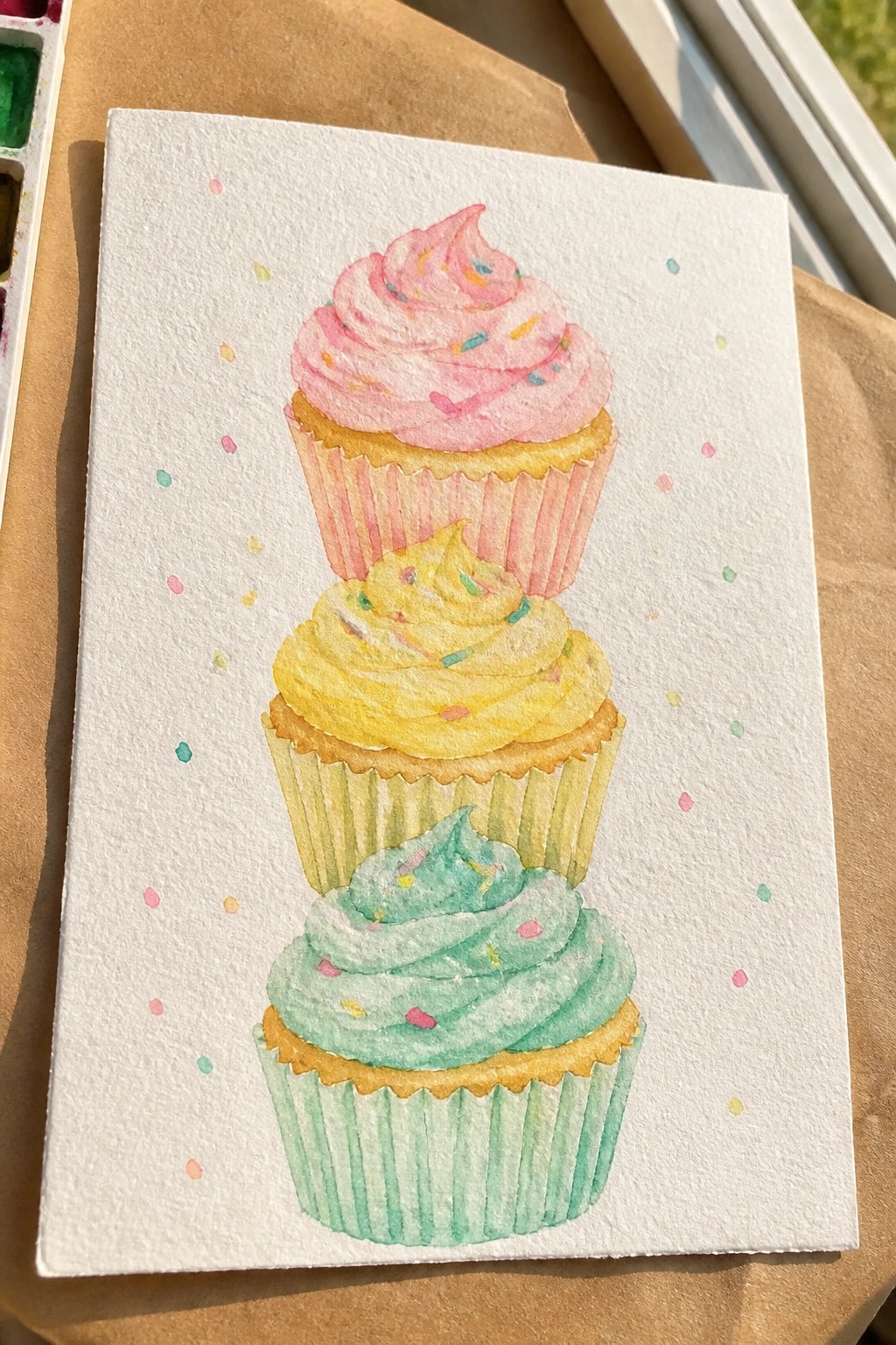 Watercolor of three stacked cupcakes with pink, yellow, and mint frosting and sprinkles.