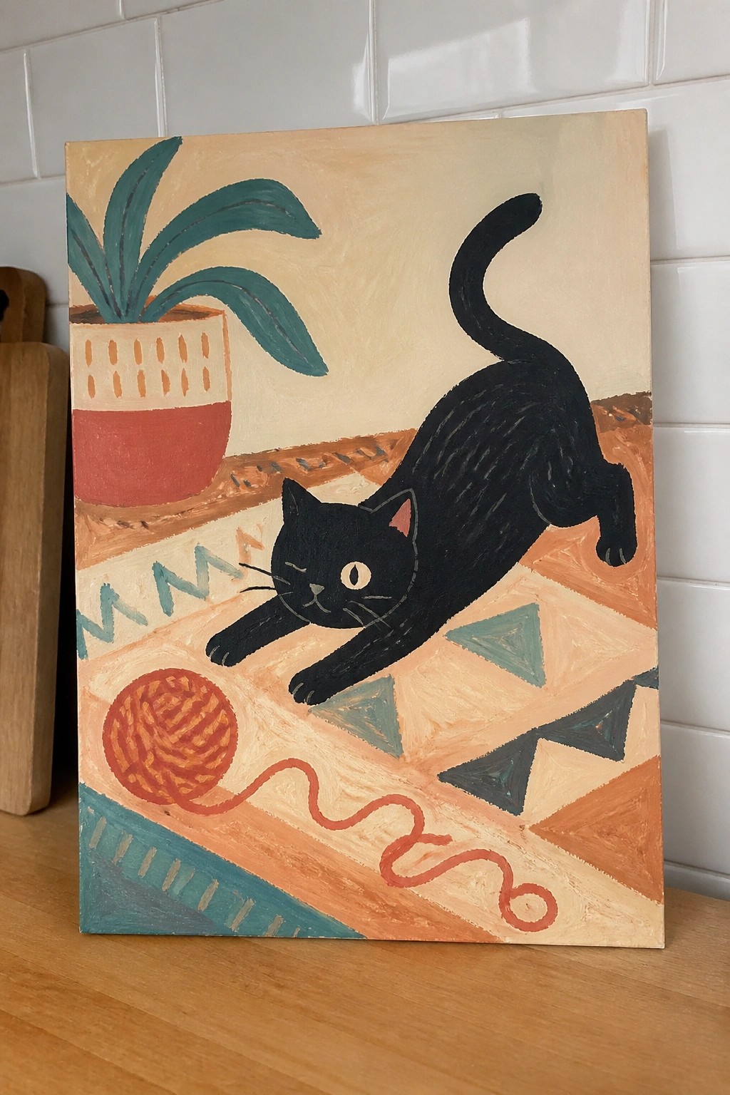 Black cat stretches on colorful geometric rug beside yarn ball and potted plant