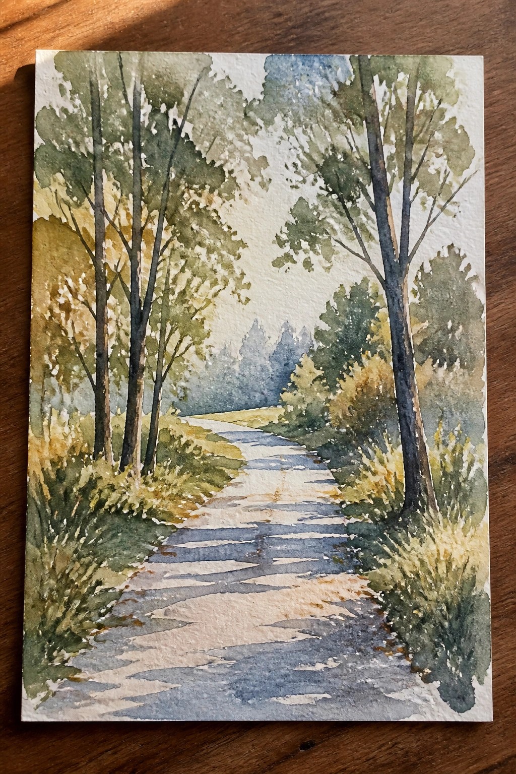 Watercolor painting of a winding path through sunlit forest with tall trees and shadows