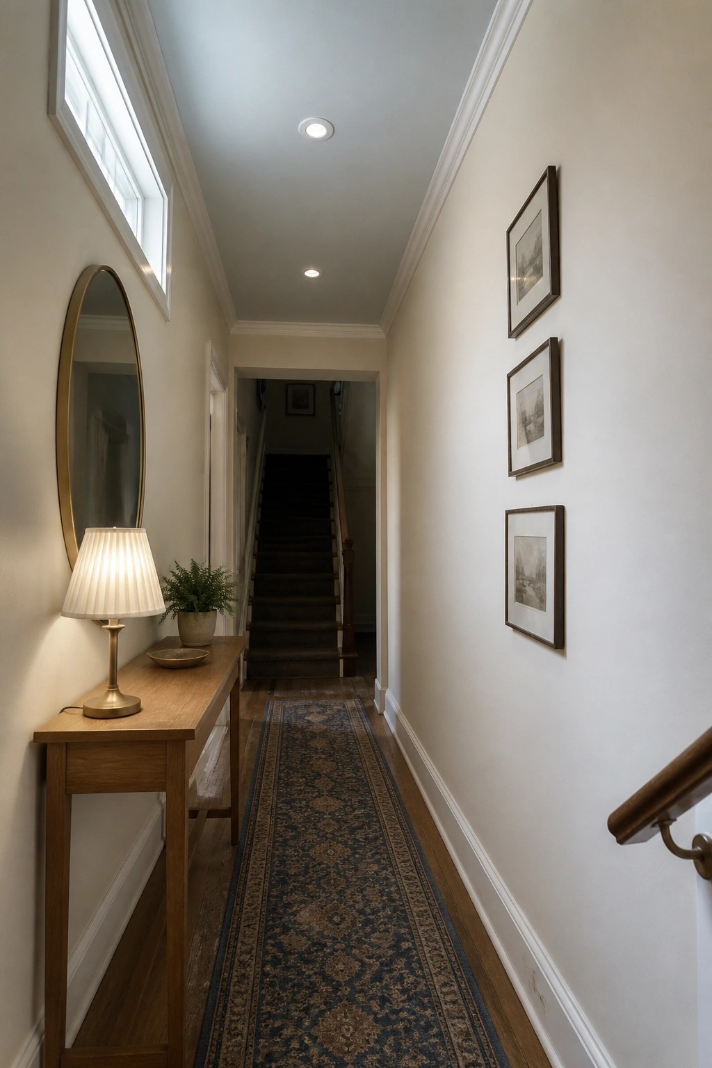 A narrow hallway with a bright white ceiling painted to create a taller look.