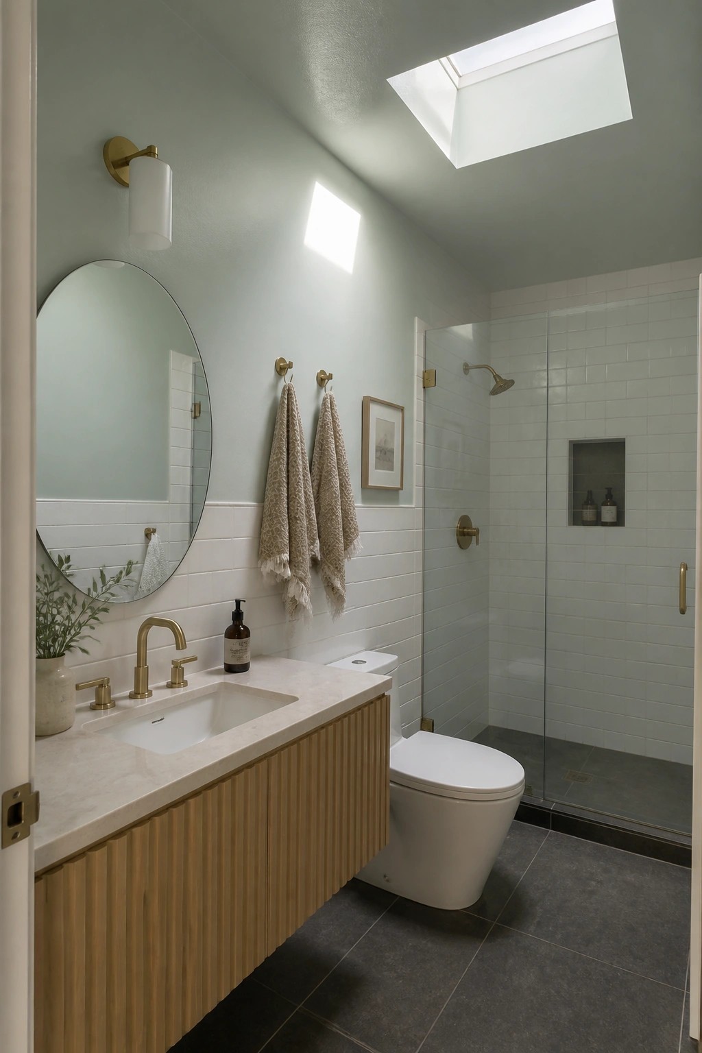 Modern bathroom with wooden vanity, round mirror, white toilet, and glass shower.