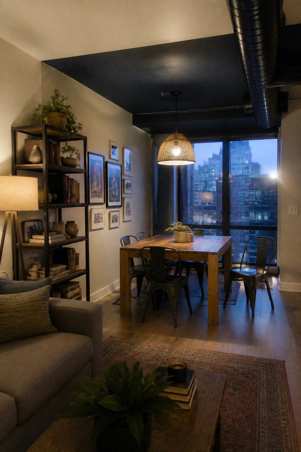 A black painted ceiling with exposed ductwork above a dining area with light walls.
