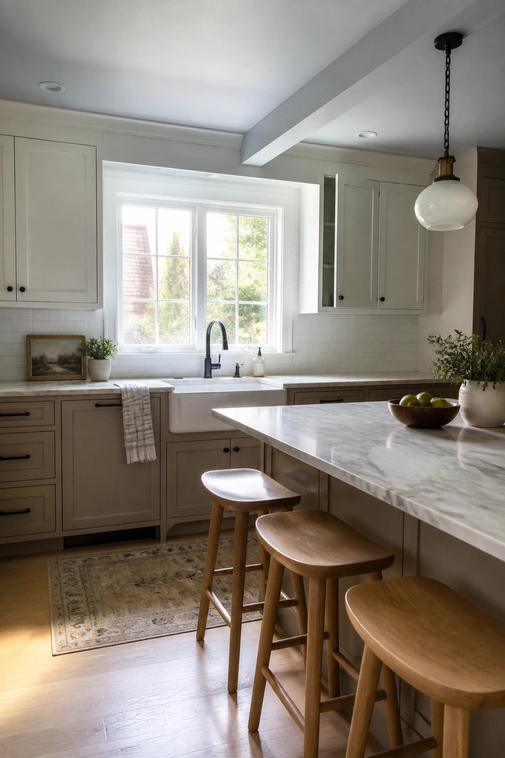 A kitchen interior with a cool blue gray ceiling painted to create the look of extra height above white walls and cabinetry.