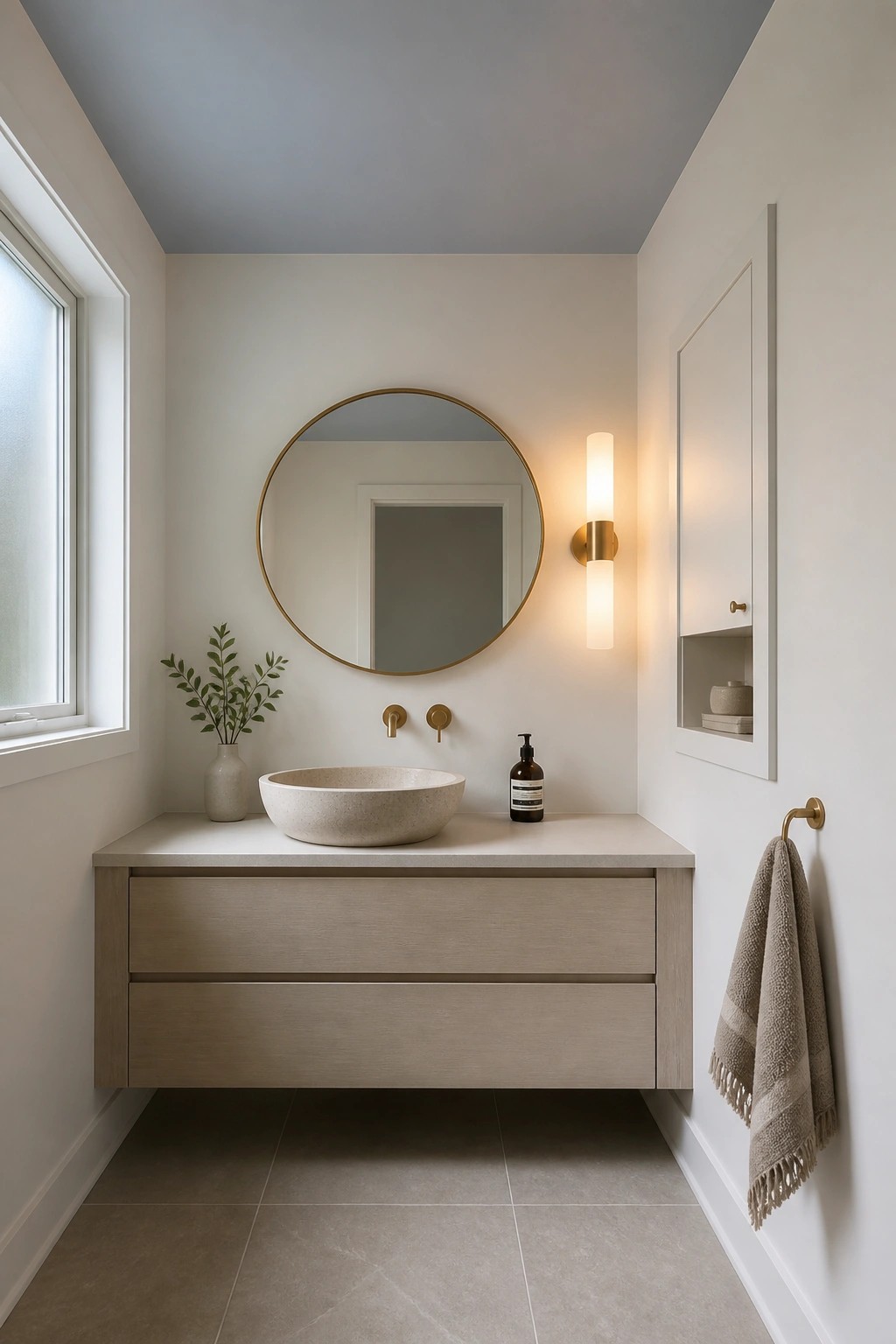 A small bathroom with a soft blue gray ceiling above a light wood vanity and round mirror.