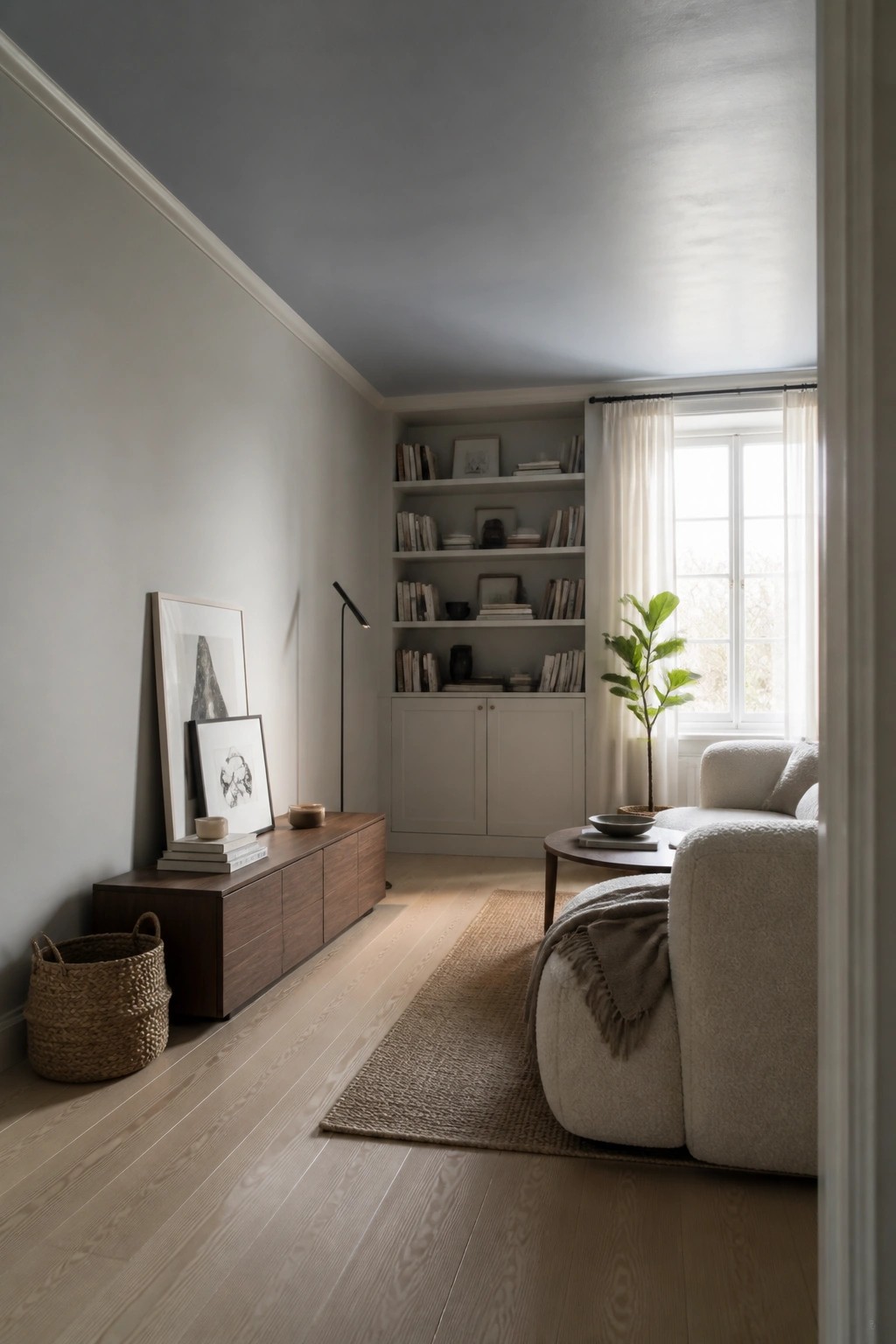 Minimalist living room with white sofa, built-in bookshelves, wooden console, and jute rug