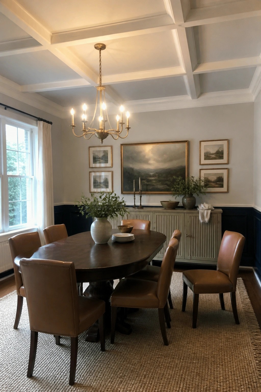 Elegant dining room with wooden table, leather chairs, brass chandelier, and landscape paintings