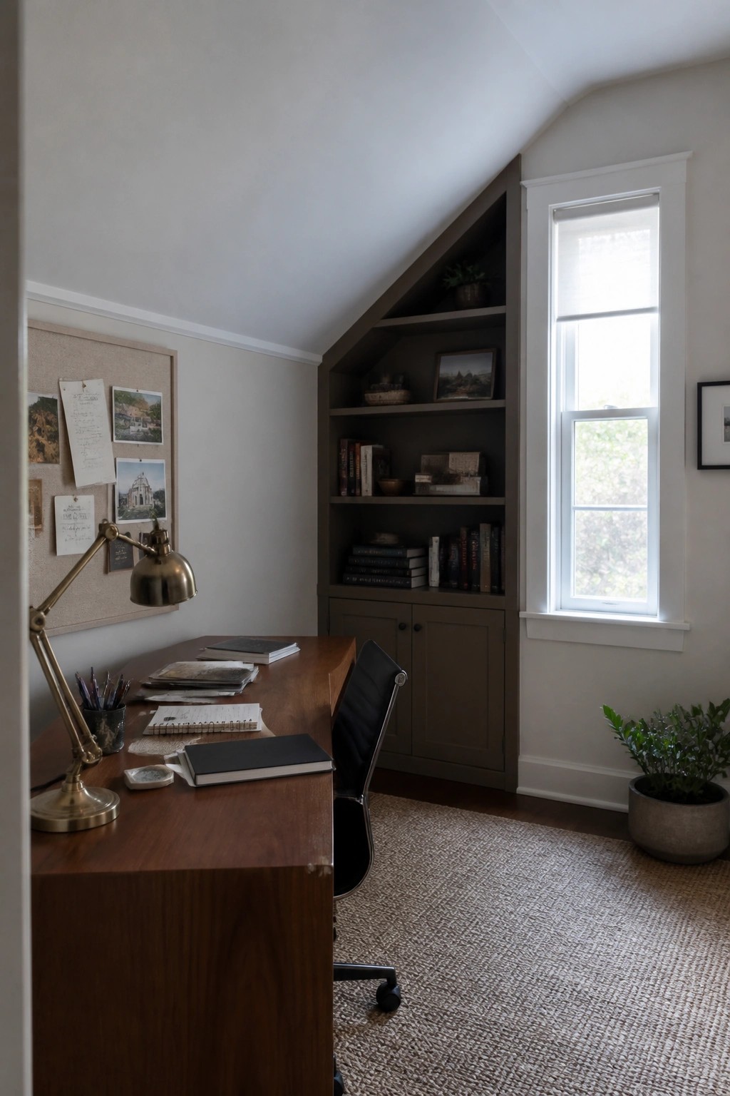 Wooden desk with brass lamp and black chair in cozy built-in office nook