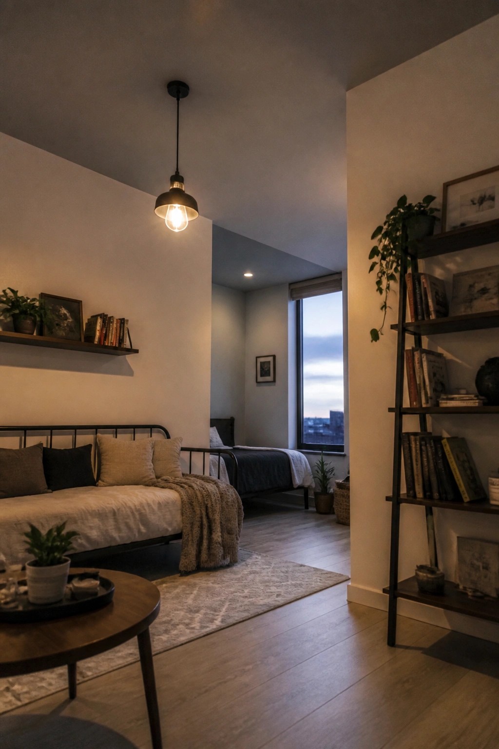 Light neutral ceiling painted to match the walls in a bedroom.